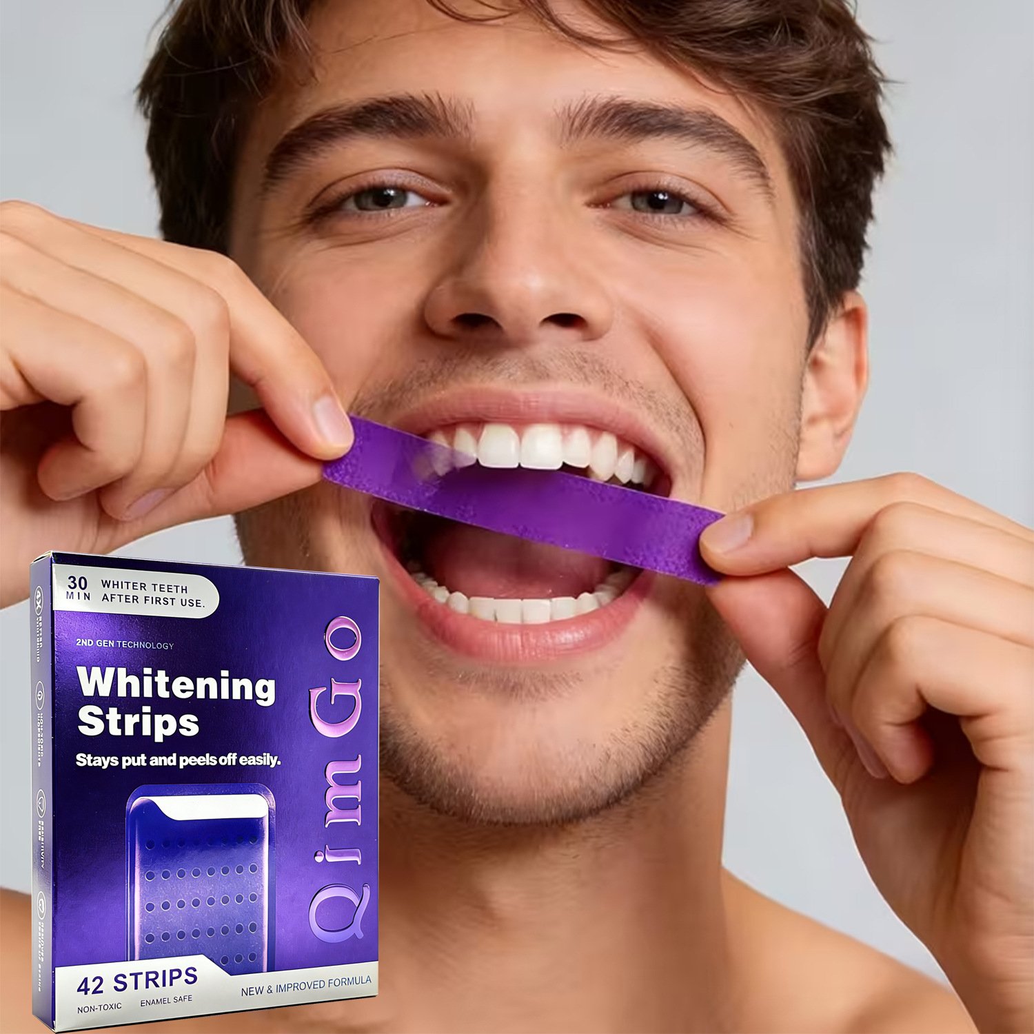 QimGo Purple Teeth Whitening Strips – 30-Min Fast Results, Enamel Safe