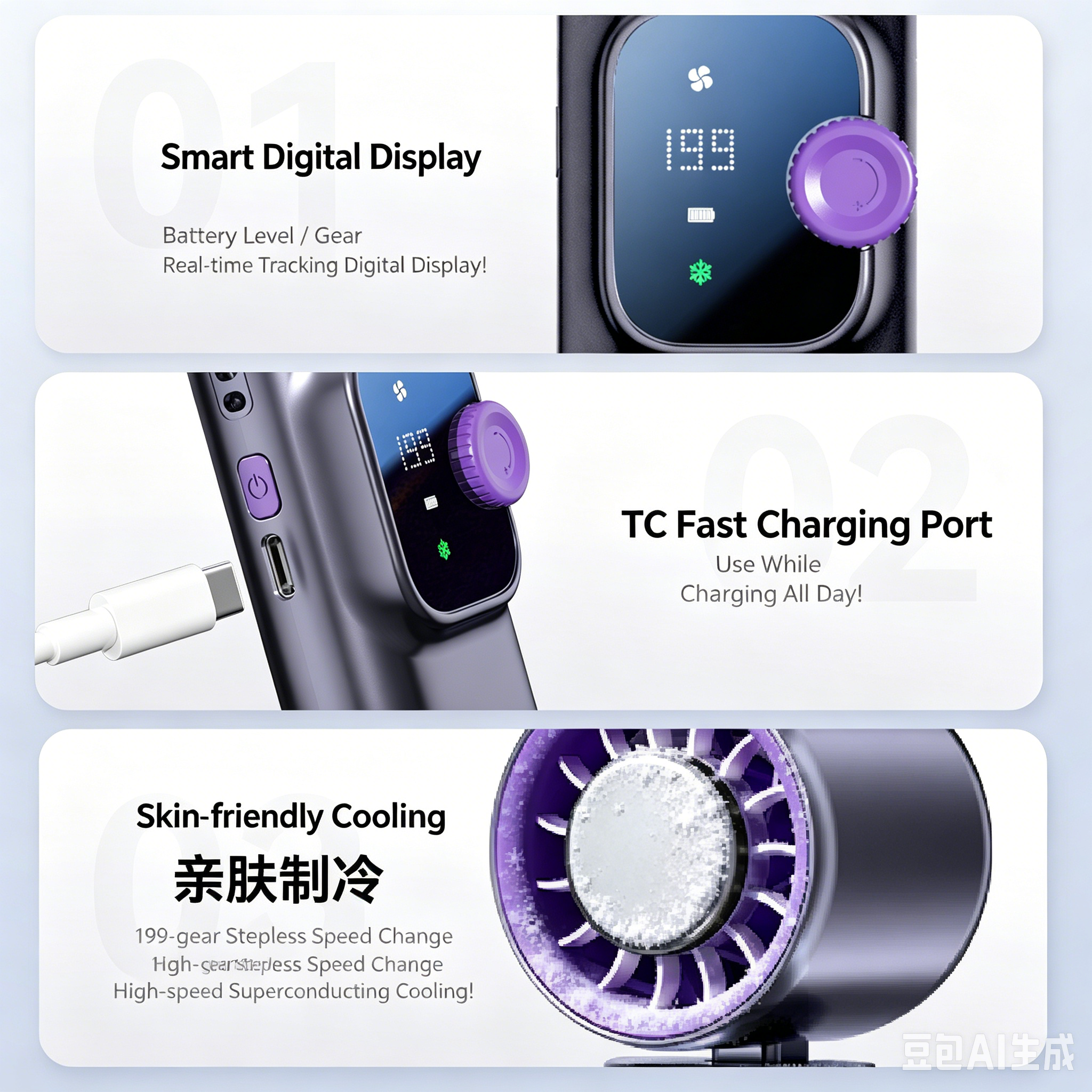 JF166 Handheld Cooling Fan - 199 Speed Levels & 4000mAh - Image 4